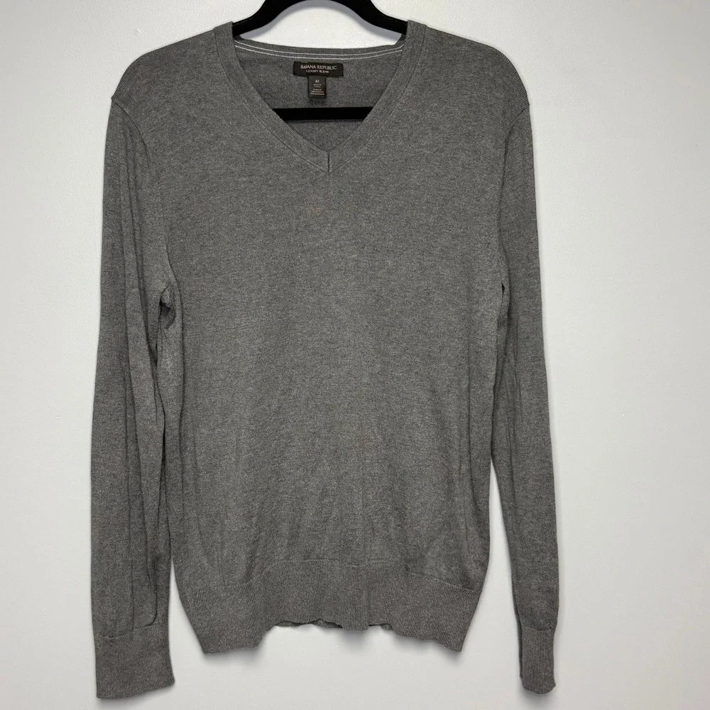 Silk Cashmere Preppy Gray V-Neck Dad Lightweight Minimalist Sweater Mens Sz M